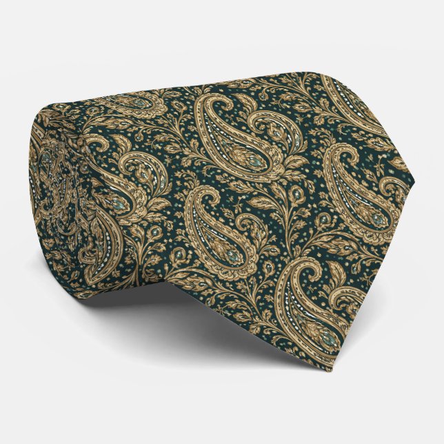 Emerald Gold Paisley Luxury Vintage Pattern Tie (Rolled)