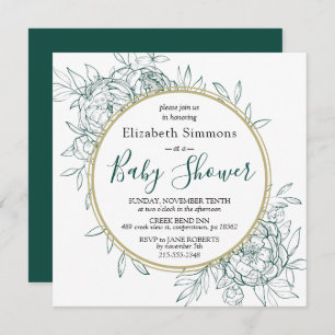 Emerald & Gold Peony Floral Toile Baby Shower Invitation