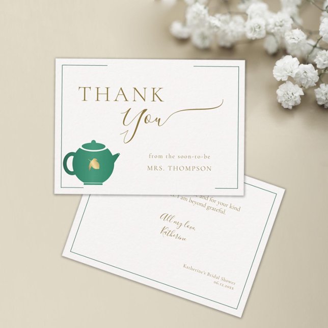 Emerald Gold Tea Elegant Bridal Shower Thank You (tea with bride thank you card bridal shower emerald green gold elegant modern classic minimalist)