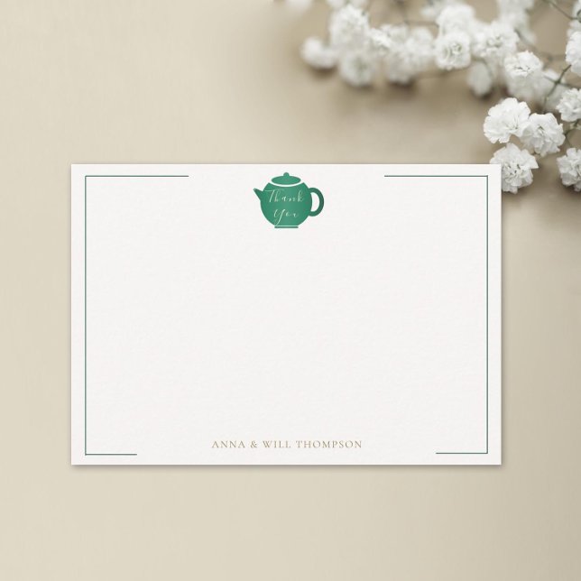 Emerald Gold Tea Pot Elegant Wedding Bridal Thank You Card (tea with bride bridal shower thank you emerald green gold elegant modern classic hand-written)