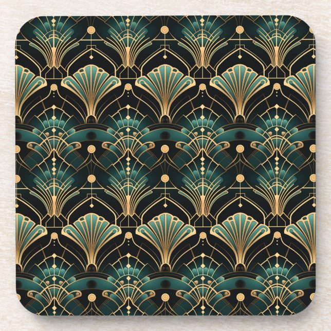Emerald Gold Tones Art Deco-inspired Fan Coaster (Front)