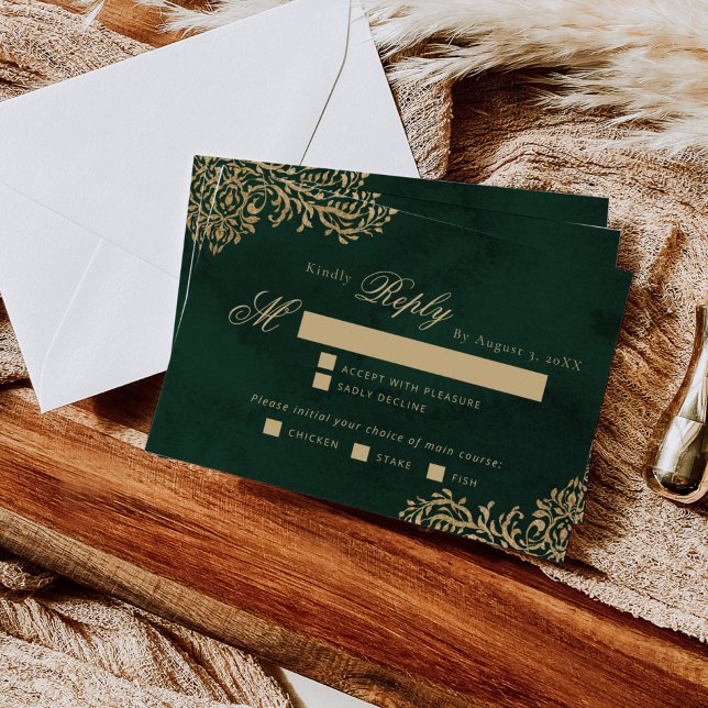 Emerald Gold Victorian wedding meal choice RSVP Card (Creator Uploaded)
