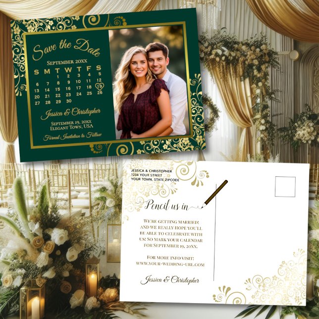 Emerald & Gold Wedding Save Date Calendar Photo Announcement Postcard (Front/Back)