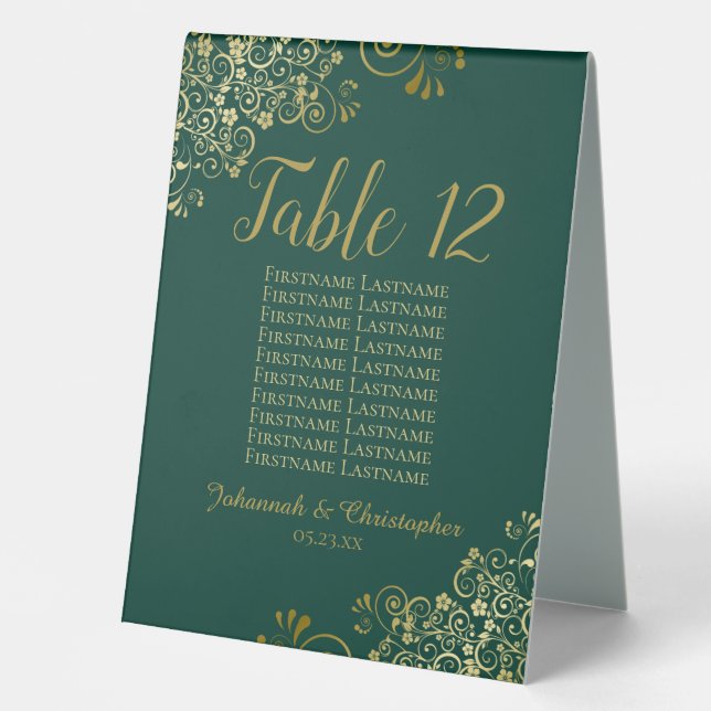Emerald & Gold Wedding Table Number Seating Chart (Front)