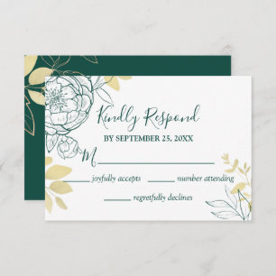 Emerald Gree & Gold Peony Floral Wedding RSVP Card