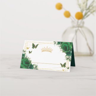 Emerald GreeFloral Gold Butterflies Quinceañera 15 Place Card