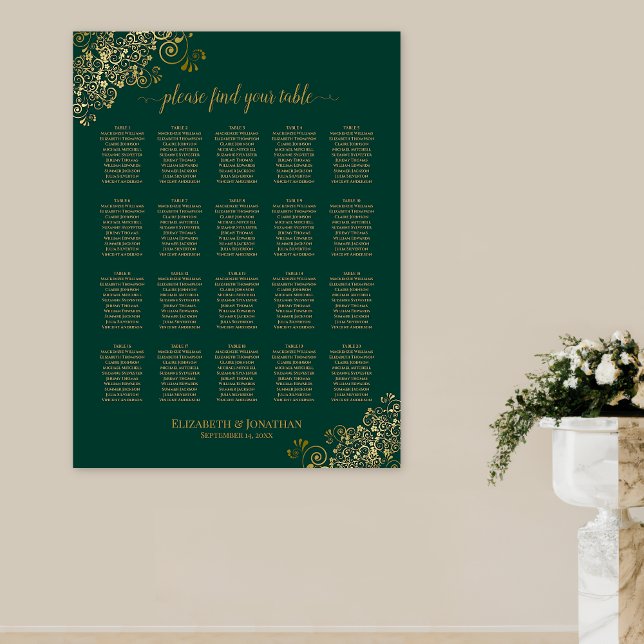 Emerald Green 20 Table Wedding Seating Chart Gold (In Situ on Wall)