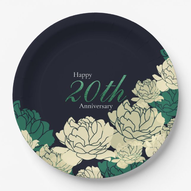 Emerald green 20th anniversary rose print paper pl paper plate (Front)
