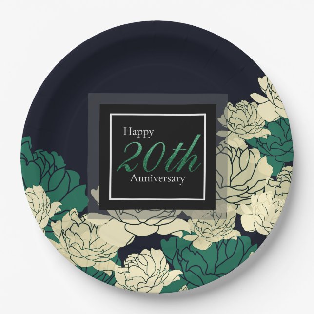 Emerald green 20th anniversary rose print paper pl plate (Front)