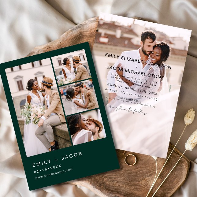 Emerald Green 5 Photo Modern Elegant Wedding Invitation (Creator Uploaded)