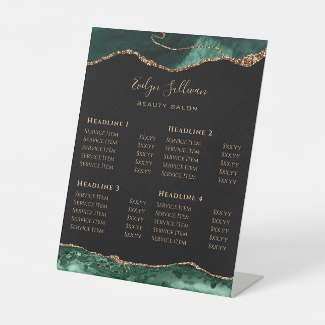 emerald green Agate Beauty Salon Price List Pedestal Sign (Front)