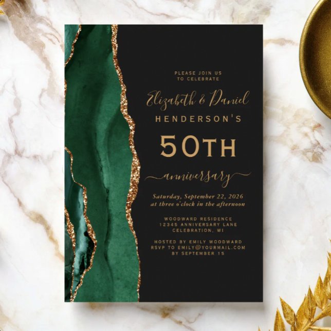 Emerald Green Agate Black Gold 50th Anniversary Invitation (Creator Uploaded)