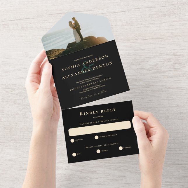 Emerald green agate black photo wedding  all in one invitation (Tearaway)