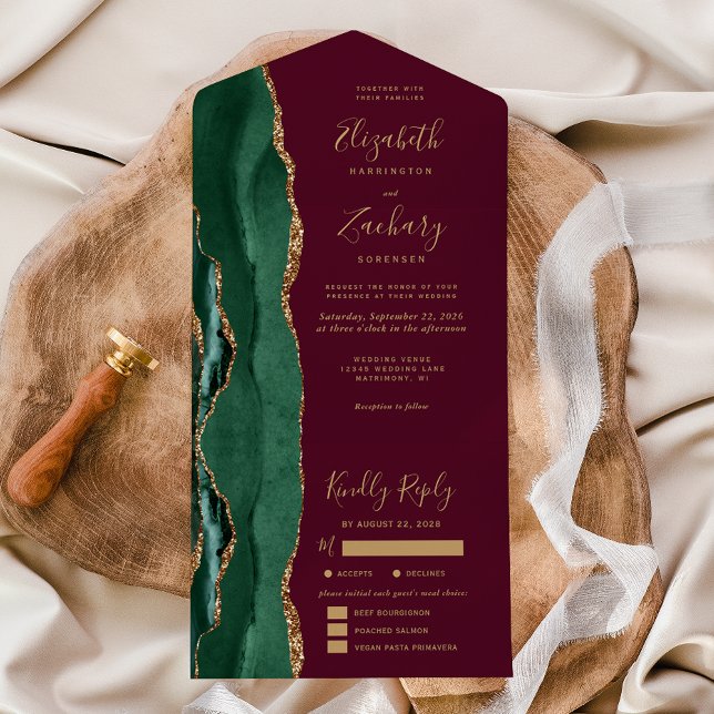 Emerald Green Agate Burgundy Meal Options Wedding All In One Invitation (Creator Uploaded)