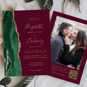 Emerald Green Agate Burgundy Photo QR Code Wedding Invitation