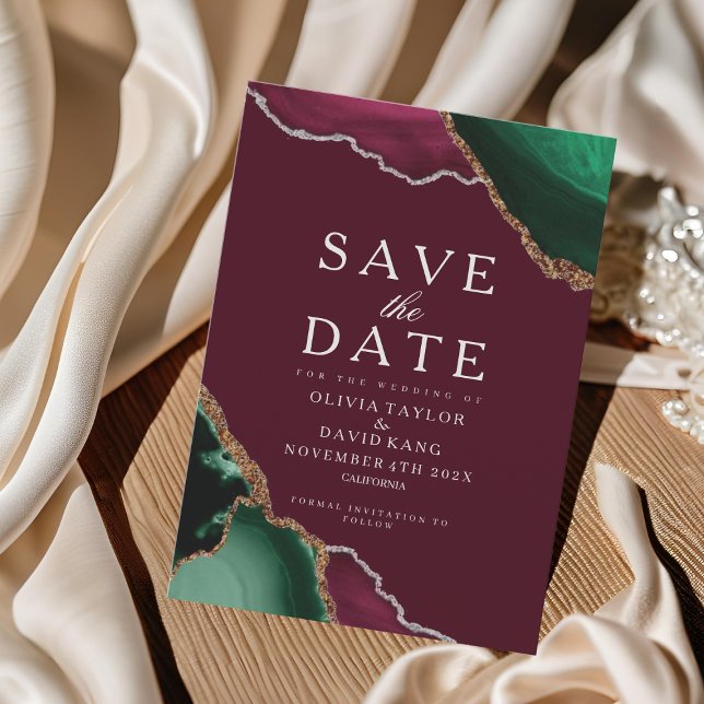 Emerald Green Agate Burgundy Save the Date  (Creator Uploaded)