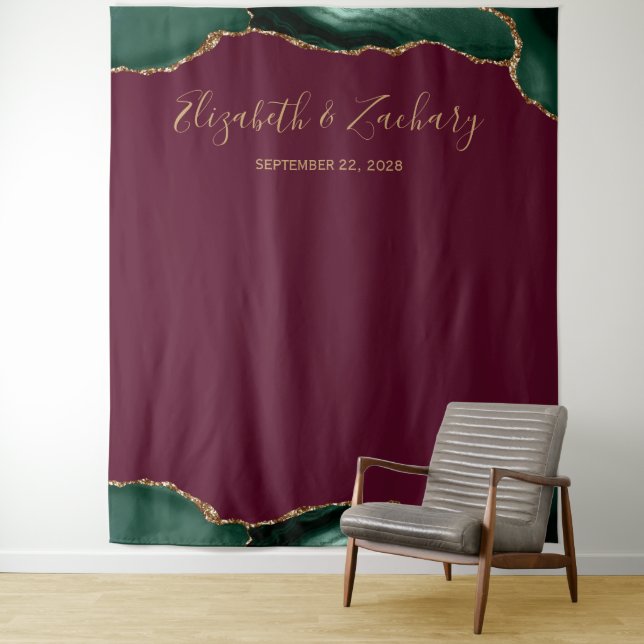 Emerald Green Agate Burgundy Wedding Photo Booth Tapestry (In Situ)