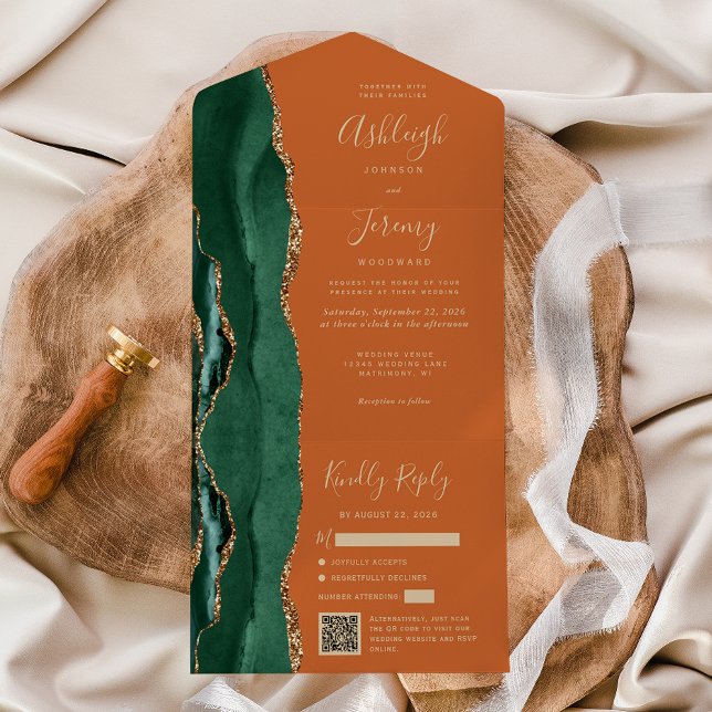 Emerald Green Agate Burnt Orange QR Code Wedding All In One Invitation (Creator Uploaded)