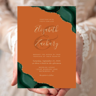 Emerald Green Agate Corners Burnt Orange Wedding Invitation