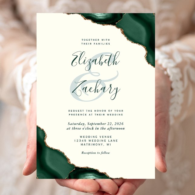 Emerald Green Agate Corners Ivory Wedding Invitation (Creator Uploaded)