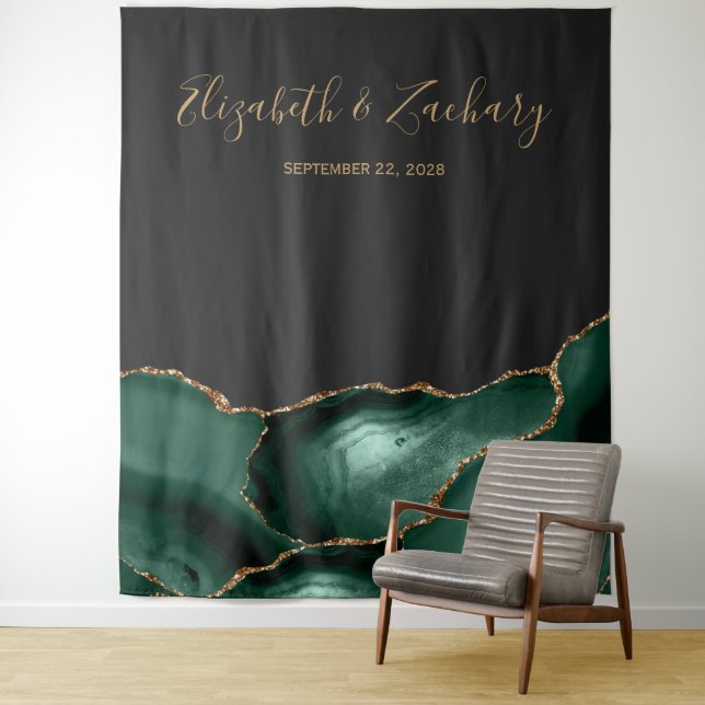 Emerald Green Agate Dark Wedding Photo Booth Tapestry (In Situ)