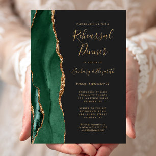 Emerald Green Agate Dark Wedding Rehearsal Dinner Invitation