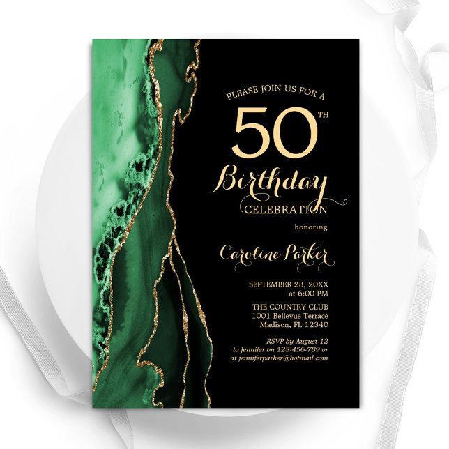 Emerald Green Agate Gold Black 50th Birthday Invitation (Creator Uploaded)