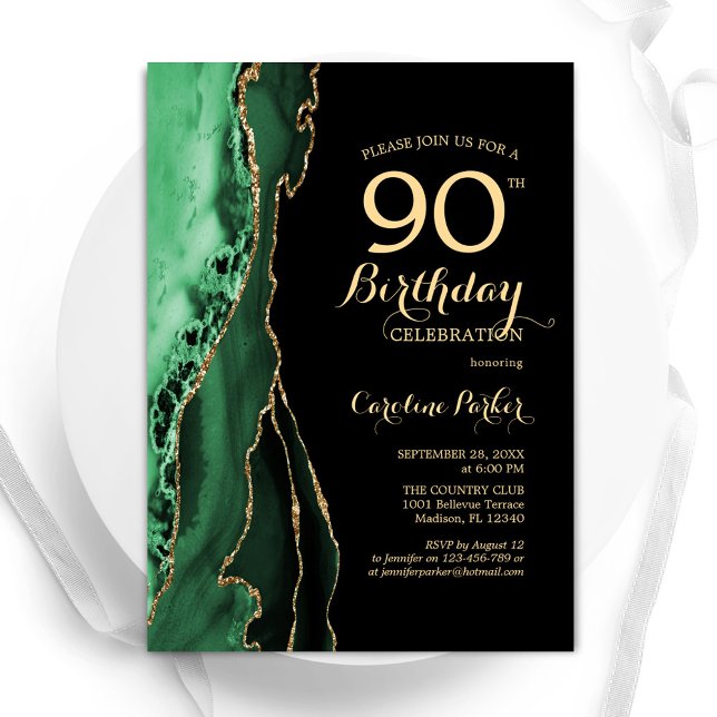 Emerald Green Agate Gold Black 90th Birthday Invitation (Creator Uploaded)