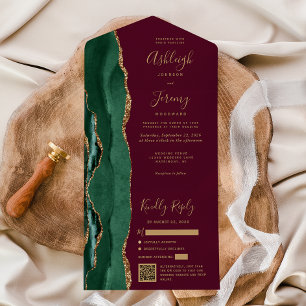 Emerald Green Agate Gold Burgundy QR Code Wedding All In One Invitation