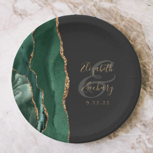 Emerald Green Agate Gold Dark Wedding Paper Plate