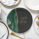 Emerald Green Agate Gold Dark Wedding Paper Plate<br><div class="desc">These elegant modern wedding plates feature an emerald green watercolor design trimmed with faux gold glitter. Easily customise the gold-coloured text on a dark off-black background,  with the names of the bride and groom in handwriting calligraphy over a large charcoal grey ampersand.</div>