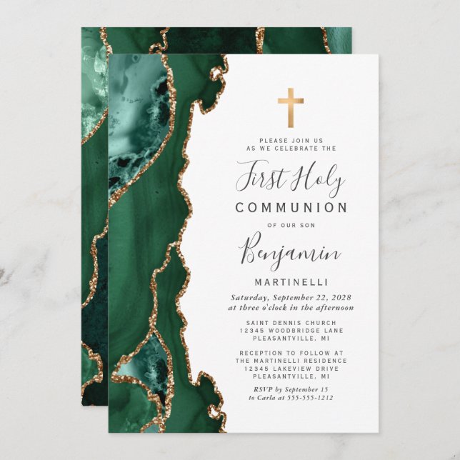 Emerald Green Agate Gold First Holy Communion Invitation (Front/Back)