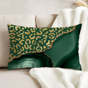 Emerald Green Agate Gold Glitter Leopard Spots Decorative Cushion