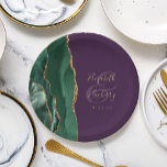 Emerald Green Agate Gold Purple Wedding Paper Plate<br><div class="desc">These elegant modern wedding plates feature an emerald green watercolor design trimmed with faux gold glitter. Easily customise the gold-coloured text on a purple background,  with the names of the bride and groom in handwriting calligraphy over a large ampersand.</div>