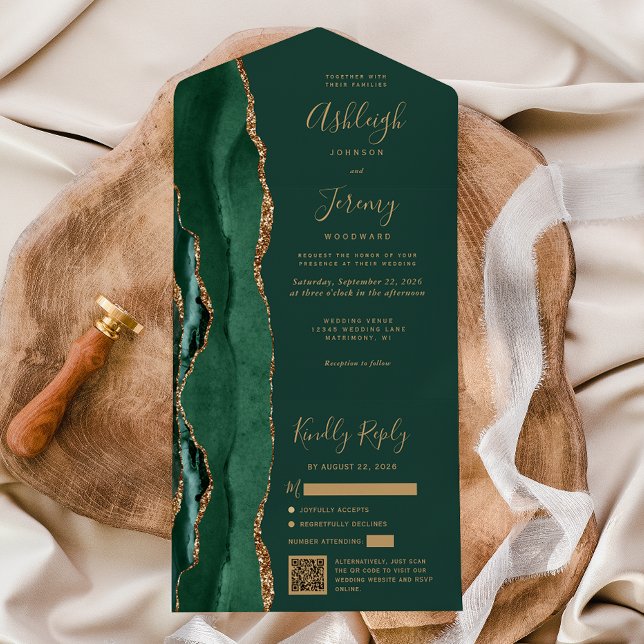 Emerald Green Agate Gold QR Code Wedding All In One Invitation (Creator Uploaded)