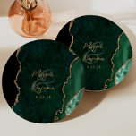 Emerald Green Agate Gold Script Wedding Paper Plate<br><div class="desc">These elegant modern wedding paper plates feature an emerald green watercolor agate geode background trimmed with faux gold glitter. Personalise them with the names of the couple in gold-coloured handwriting calligraphy over a large green ampersand,  and the wedding date in copperplate font.</div>