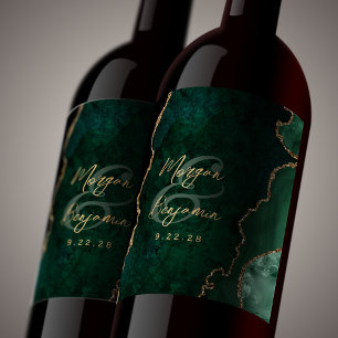 Emerald Green Agate Gold Script Wedding Wine Label