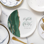 Emerald Green Agate Gold White Wedding Paper Plate<br><div class="desc">These elegant modern wedding plates feature an emerald green watercolor design trimmed with faux gold glitter. Easily customise the green text on a white background,  with the names of the bride and groom in handwriting calligraphy over a large ampersand.</div>