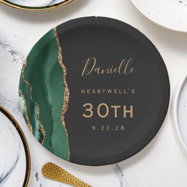 Emerald Green Agate Marble Gold Dark 30th Birthday Paper Plate (Creator Uploaded)