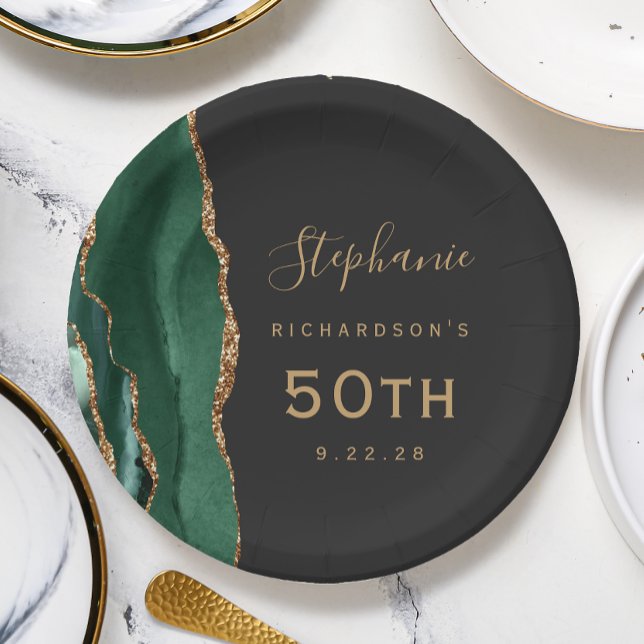 Emerald Green Agate Marble Gold Dark 50th Birthday Paper Plate (Creator Uploaded)