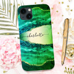 Emerald green agate marble name script Case-Mate iPhone 14 case<br><div class="desc">Emerald green agate,  marble stone print as background Personalise and add your name. The name is written with a modern hand lettered style script.</div>