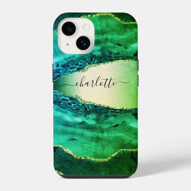 Emerald green agate marble name script iPhone case (Back)