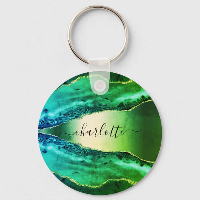 Emerald green agate marble name script  key ring (Front)