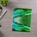 Emerald green agate marble name script planner<br><div class="desc">Emerald green agate,  marble stone print as background Personalise and add your name. The name is written with a modern hand lettered style script.</div>