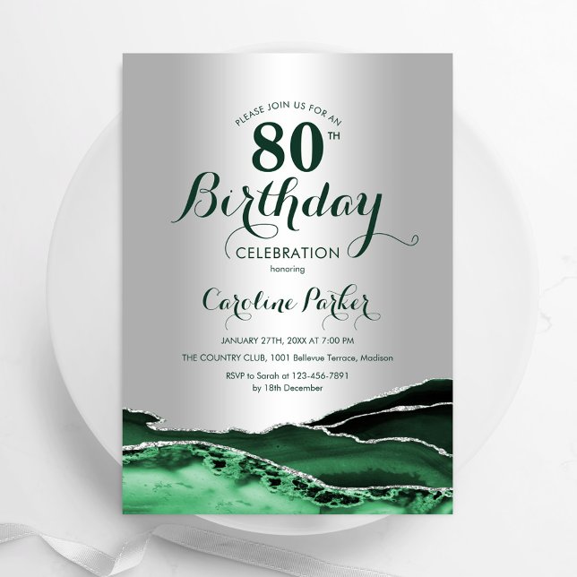 Emerald Green Agate Marble Silver 80th Birthday Invitation (Creator Uploaded)