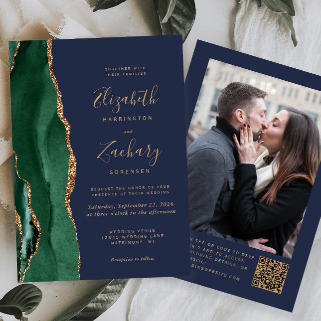 Emerald Green Agate Navy Photo QR Code Wedding Invitation (Creator Uploaded)
