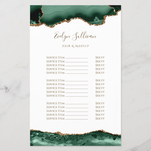 emerald green agate on white price list flyer (Front)