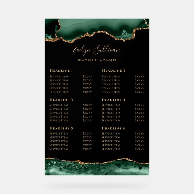 Emerald Green Agate Price List Acrylic Sign (Front)