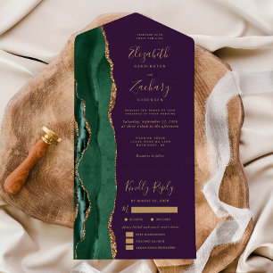 Emerald Green Agate Purple Meal Options Wedding All In One Invitation