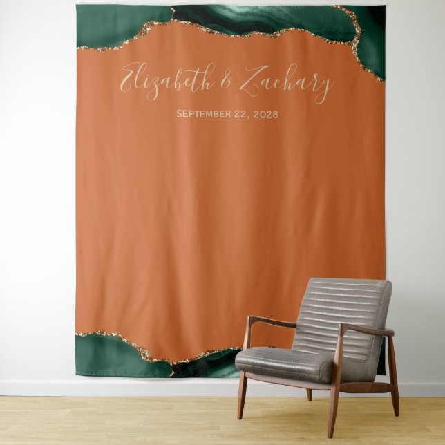 Emerald Green Agate Rust Wedding Photo Booth Tapestry (In Situ)